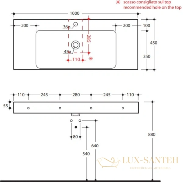 раковина kerasan cento 355001*1 100х45 см, белый