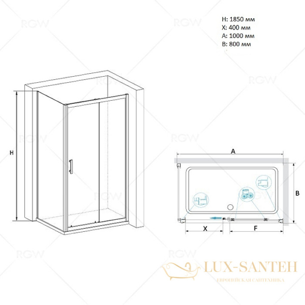 душевой уголок rgw passage 020814580-11 pa-145 100х80, профиль хром, стекло прозрачное