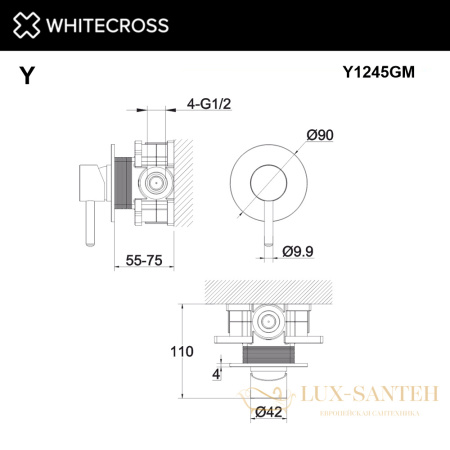 смеситель для душа скрытого монтажа whitecross y y1245gm, оружейная сталь