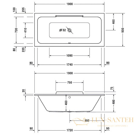 акриловая ванна duravit durastyle 700299000000000 190х90, белый