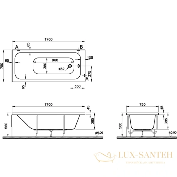 акриловая ванна vitra optimum neo 64570001000 170x75 см, белый