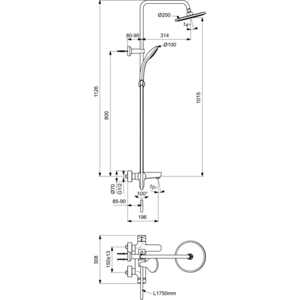 душевая система ideal standard cerafine o bc525xg 200 мм, черный матовый