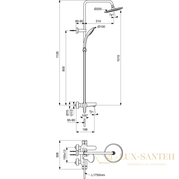 душевая система ideal standard cerafine o bc525xg 200 мм, черный матовый