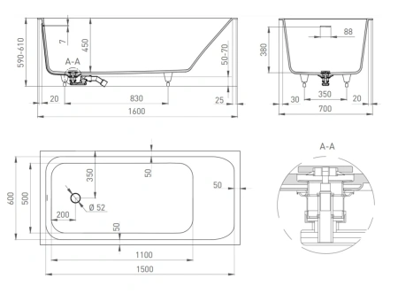 ванна salini orlanda kit  102115m s-sense 160x70 см, белый