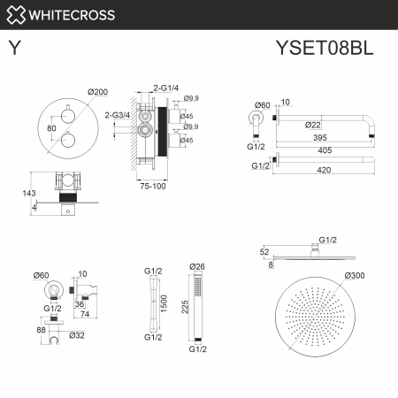 термостатическая душевая система скрытого монтажа whitecross y yset08bl, черный мат