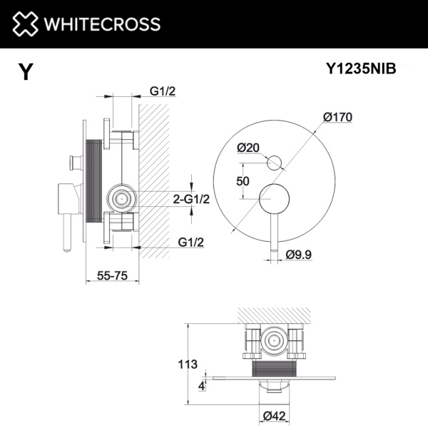 смеситель для душа скрытого монтажа whitecross y y1235nib, брашированный никель