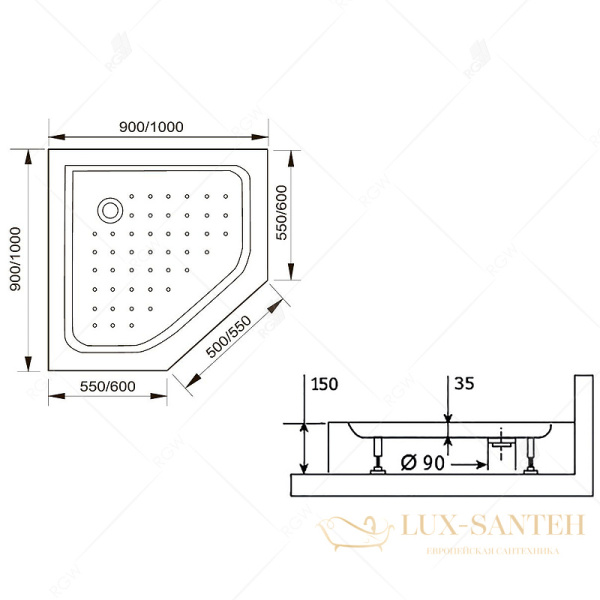 акриловый поддон rgw acrylic 16180599-41 для душа lux/tn-tr 90x90, белый