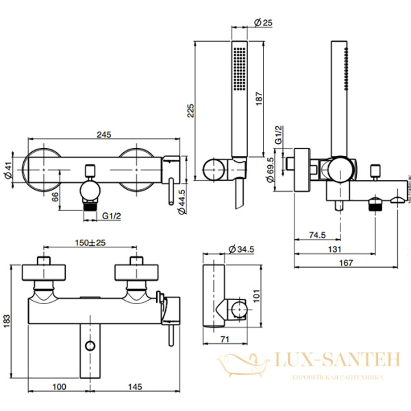 смеситель для ванны fima carlo frattini spillo tech, f3034tnxcr, ручка "x", с душевым комплектом, хром