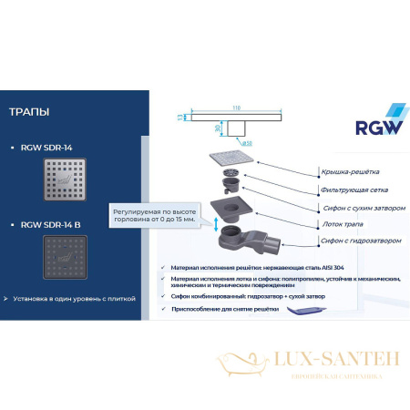 душевой трап rgw 47211411-01 с решеткой sdr-14, хром