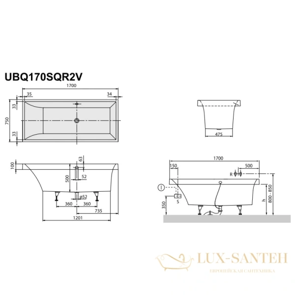 квариловая ванна villeroy & boch squaro ubq170sqr2v-01 170х75 см, альпийский белый