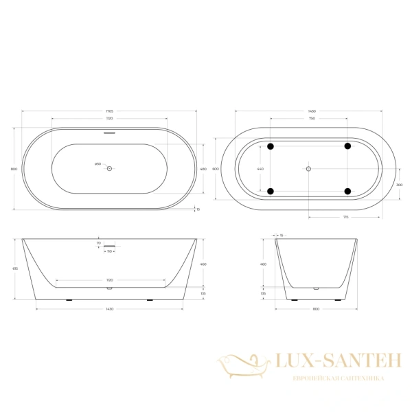 акриловая свободностоящая ванна 170,5x80 см belbagno bb416-1700-800, белый глянцевый