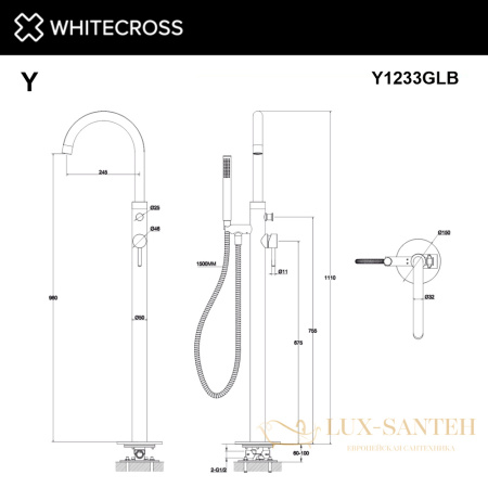 смеситель для ванны отдельностоящий whitecross y y1233glb, брашированное золото