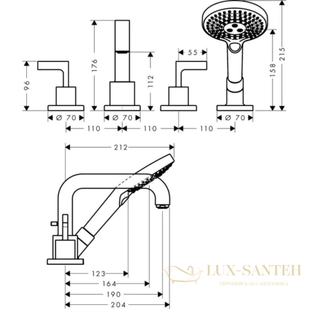 axor citterio, 39454000, смеситель для ванны, на 4 отв., с рычаговыми рукоятками, с ручным душем, (внешняя часть), монтаж на плитку, цвет хром