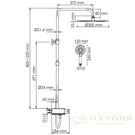 душевая система wasserkraft aller a113.116.058.ch thermo 300 мм, хром/белый