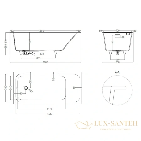 ванна salini orlanda kit  102116g s-sense 170x80 см, белый