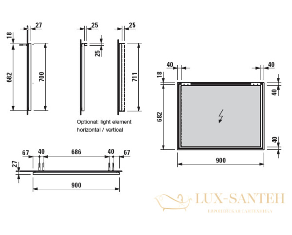 светильник laufen frame25 4.4750.2.900.007.1 900 мм с выключателем, хром 