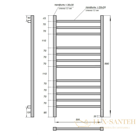 полотенцесушитель 500x1000 электрический point вега pn71850w п12, диммер справа, белый