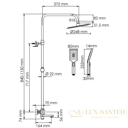 душевая система wasserkraft aisch a199.259.201.bg thermo 248 мм, золотой матовый