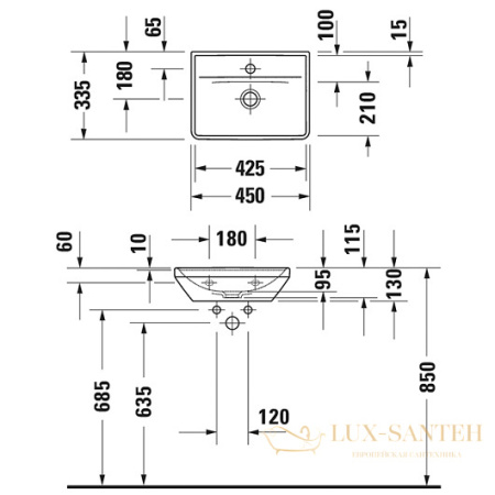 раковина duravit d-neo 0738450041 450х335 мм, белый