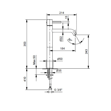 смеситель для раковины, fantini af/21, 27 93 a706wf, 1 отв., без донного клапана, излив 184мм, матовая натуральная сталь