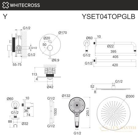 система для душа скрытого монтажа whitecross y yset04topglb, брашированное золото