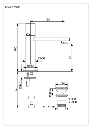 смеситель для раковины emmevi gea 26003/cr с донным клапаном click-clack без рычага, хром