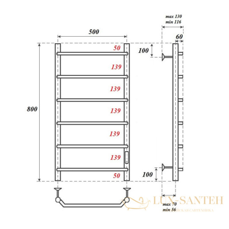 полотенцесушитель 500x800 электрический point виктория pn06858 п6 диммер справа, хром