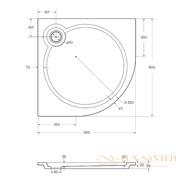 душевой поддон cezares tray s tray-s-r-90-550-56-w из искусственного камня 90x90, белый