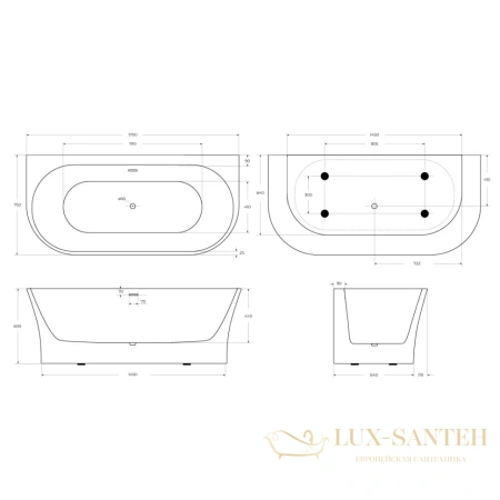 ванна акриловая пристенная 170x75 см belbagno bb711-1700-750, белый глянцевый