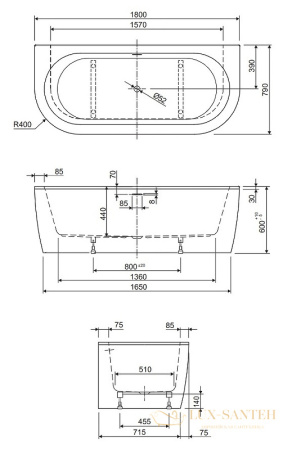 акриловая ванна cezares slim slim wall-180-80-60-w37-set 180x79 без гидромассажа, белый