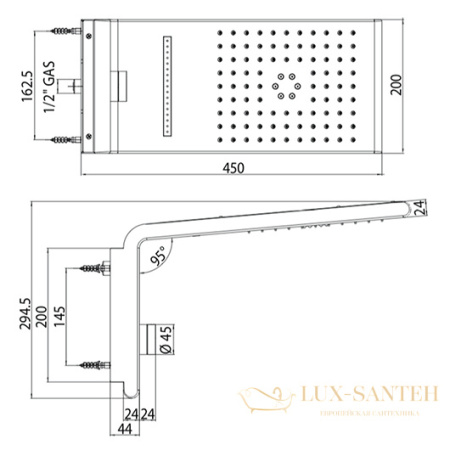 верхний душ bossini syncro-neb 3 i00590.030 450х200 мм, хром