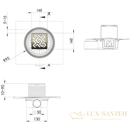 душевой трап berges zentrum antik 090365 148x148/50 мм, матовый хром