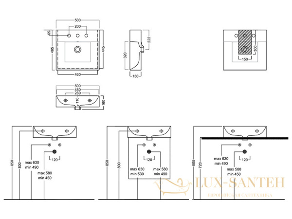 раковина hatria bahia_13 bh0500465011ts0, 50х46.5x13 см, 1 отверстие для смесителя, с переливом, подвесная/накладная, белый глянцевый