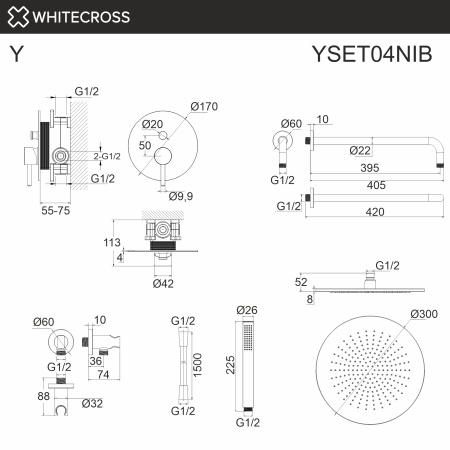 система для душа скрытого монтажа whitecross y yset04nib, брашированный никель