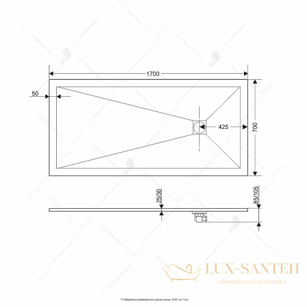 душевой поддон rgw stone tray 16152717-01 из искусственного камня st-w 170х70, белый