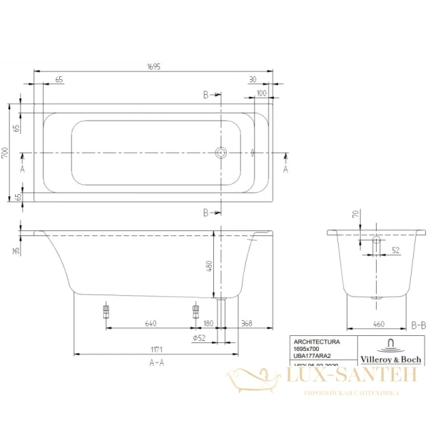 акриловая ванна villeroy & boch architectura uba177ara2v-01 169,5х70 см, альпийский белый