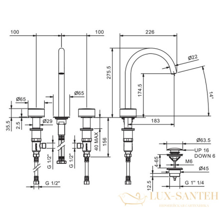 смеситель для раковины fantini nice, 65 02 s104s, с донным клапаном, излив 183мм, хром