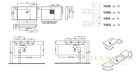 раковина подвесная hatria grandangolo yxf901, левосторонняя, 75х50 см, 1 отверстие для смесителя, с переливом, с креплениями, белый глянцевый