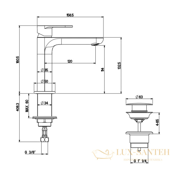 смеситель для раковины gattoni h2omix7000, 7004070no, с донным клапаном, nero opaco