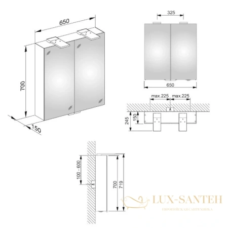 зеркальный шкаф keuco royal 15 14402171301, 650х720х150 мм, с подсветкой, анодированный серебристый алюминий/зеркальный