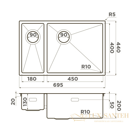 кухонная мойка omoikiri taki 69-2-u/if-in-l side 4997049, нержавеющая сталь