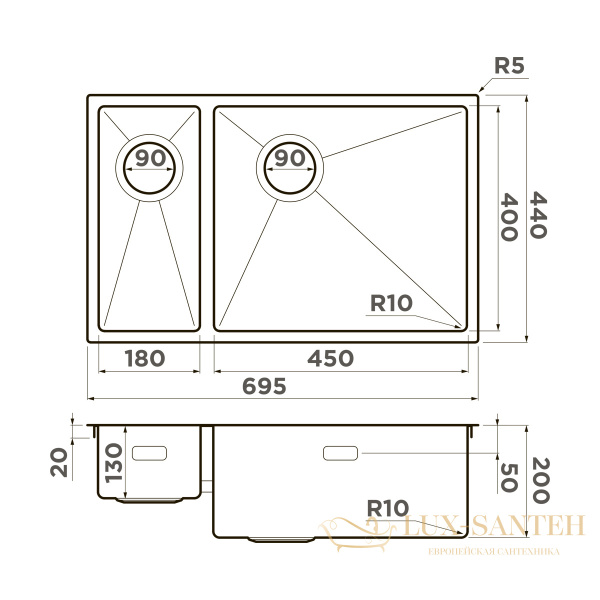 кухонная мойка omoikiri taki 69-2-u/if-lg-r side 4993184, светлое золото