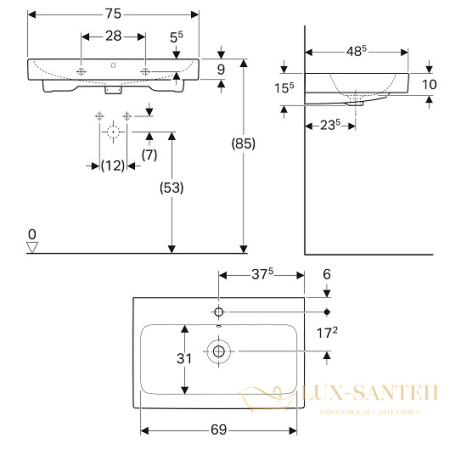 раковина geberit icon 124075000 750х485 мм, белый