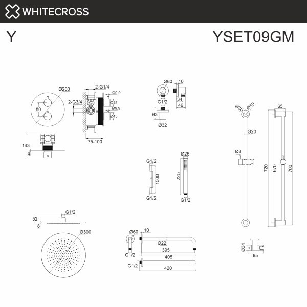 термостатическая душевая система скрытого монтажа whitecross y yset09gm, оружейная сталь