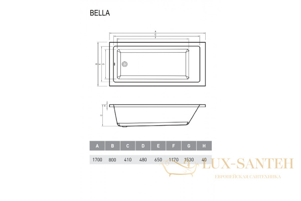 ванна акриловая relisan bella 170х80