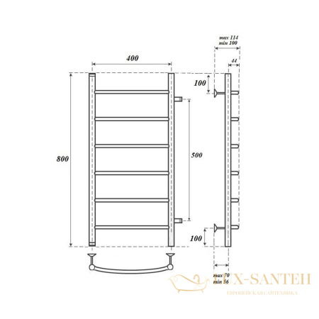 полотенцесушитель 400x800 водяной point афина pn04548 п6 с боковым подключением 500, хром