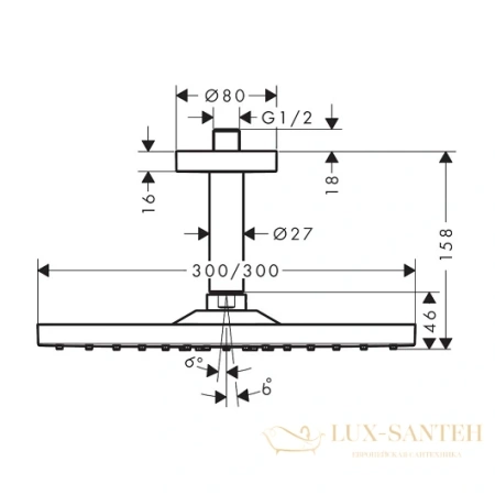 верхний душ hansgrohe raindance e 300 air 1jet 26250000 с потолочным подсоединением, хром