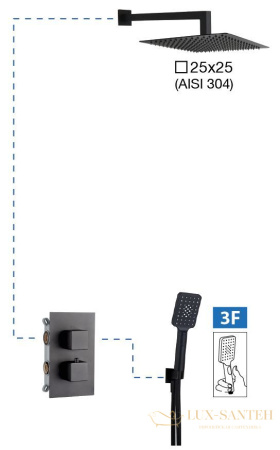 душевой комплект aqg qu 19qutec22805 с термостатом, с квадратным верхним душем 25х25 см и потолочным кронштейном 20 см, черный матовый