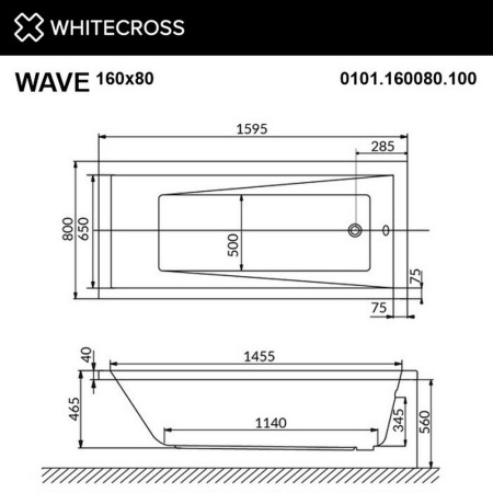 ванна whitecross wave 160x80 "relax", 0101.160080.100.relax.gl, белый