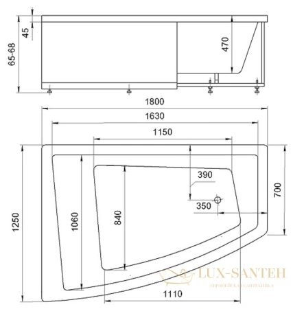 акриловая ванна aquatek оракул 180x125 ork180-0000014 правая, с гидромассажем (пневмоуправление), с фронтальным экраном